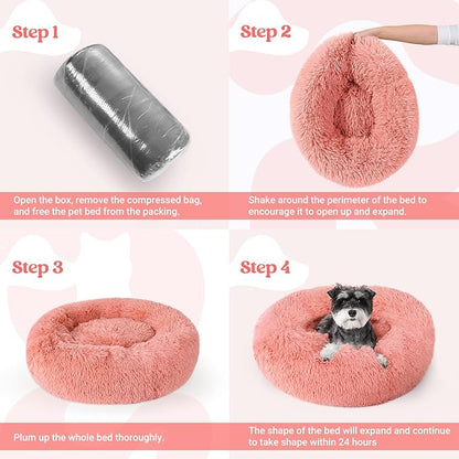 rabbitgoo Calming Dog Bed for Small Medium, 27 inches Pet Bed Machine Washable, Non-Slip Round Fluffy Plush Faux Fur, Soft Donut Cuddler Cushion for Small Dogs, Pink