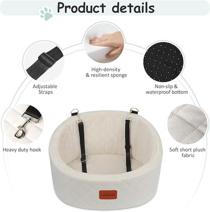 Dog Car Seat for Small Dogs Up to 30 Lbs,Ultra Soft Fabric Fill in Comfy Memory Foam,Happy Pet Ride,2 Safety Dog Leashes,Fully Detachable and Washable,Anti Slip Base(Beige)
