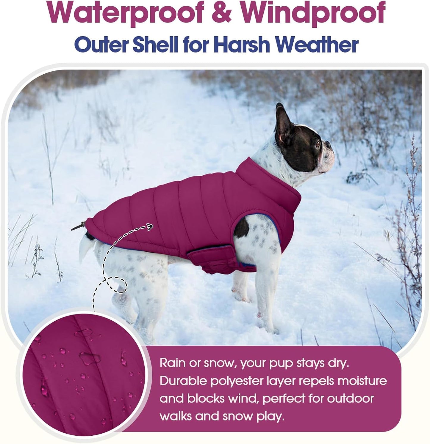 QBLEEV Reversible Dog Jacket for Small Dogs, Waterproof Windproof Warm Winter Coat with Adjustable Fit & Leash Hole, Lightweight Reversible Puffer Vest, Purple, S – Fits Yorkie, Shih Tzu
