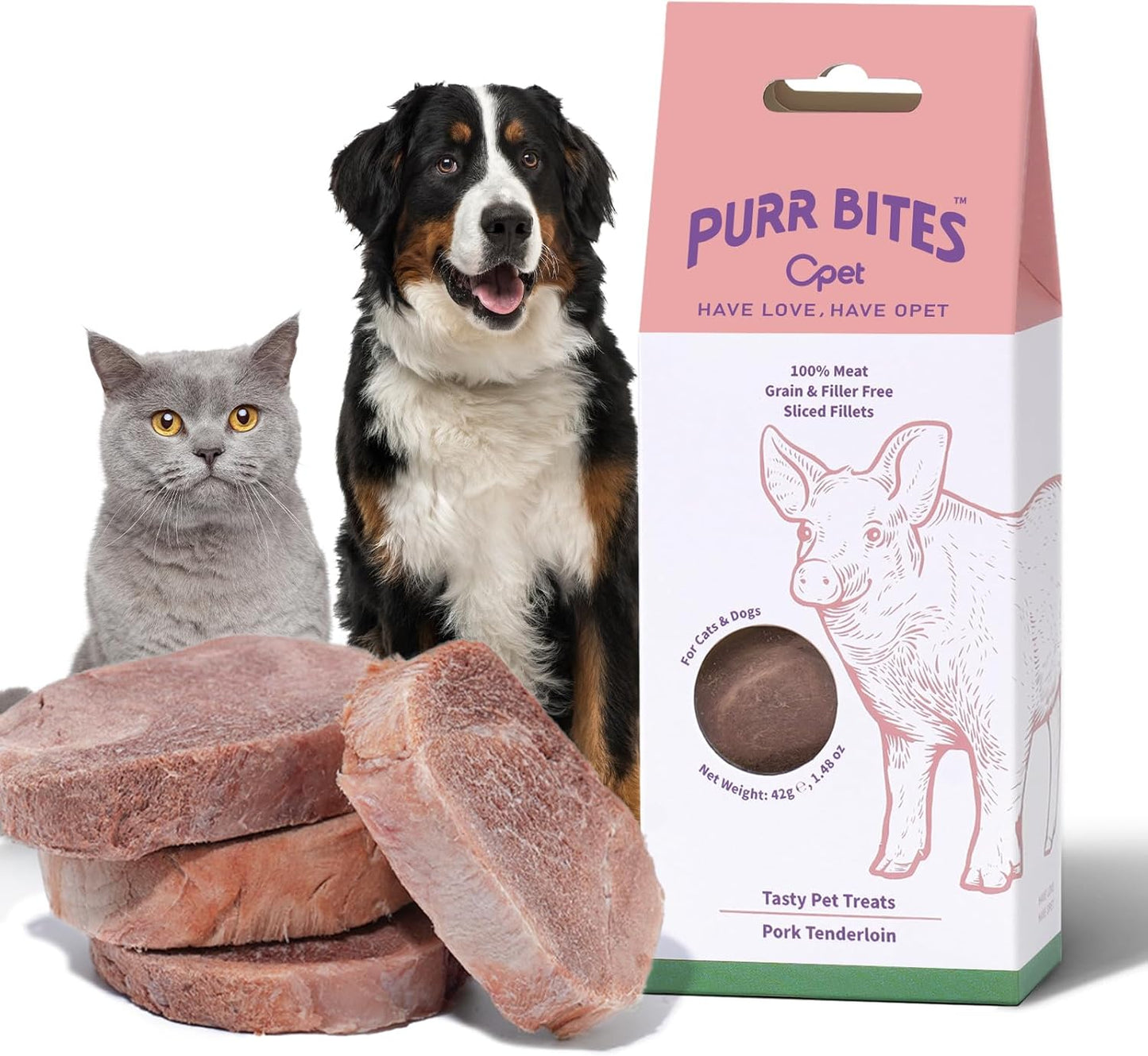 OPET Freeze Dried Cat Treats, Single Ingredient Grain Free High Protein Pet Food for Cats and Dogs, Healthy Training Snacks Sliced Fillets (Pork, 1.48 Ounce)