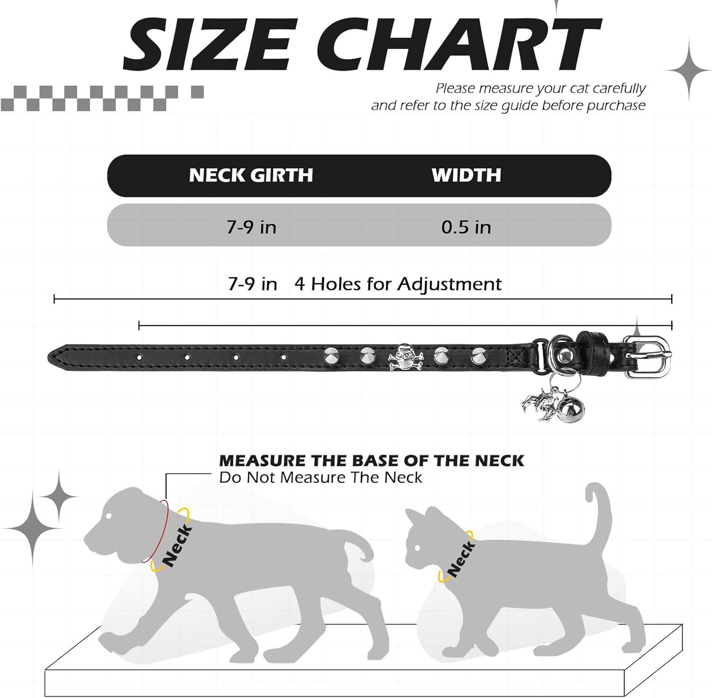 EXPAWLORER Leather Cat Collar for Girl Boy- Adjustable Pet Collar with Safety Elastic Belt,Personalized Punk Accessories Buckle Collars with Bell & Durable D-Ring,Rivet(Black)