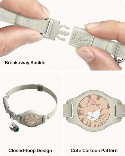 Cat Collar with Airtag Holder, Breakaway Airtag Cat Collar for Apple Air Tag with Luminous & Reflective Pattern, Waterproof GPS Cat Tracker Collars for Boy Girl Cats Kittens with Bell, Khaki (8-12")