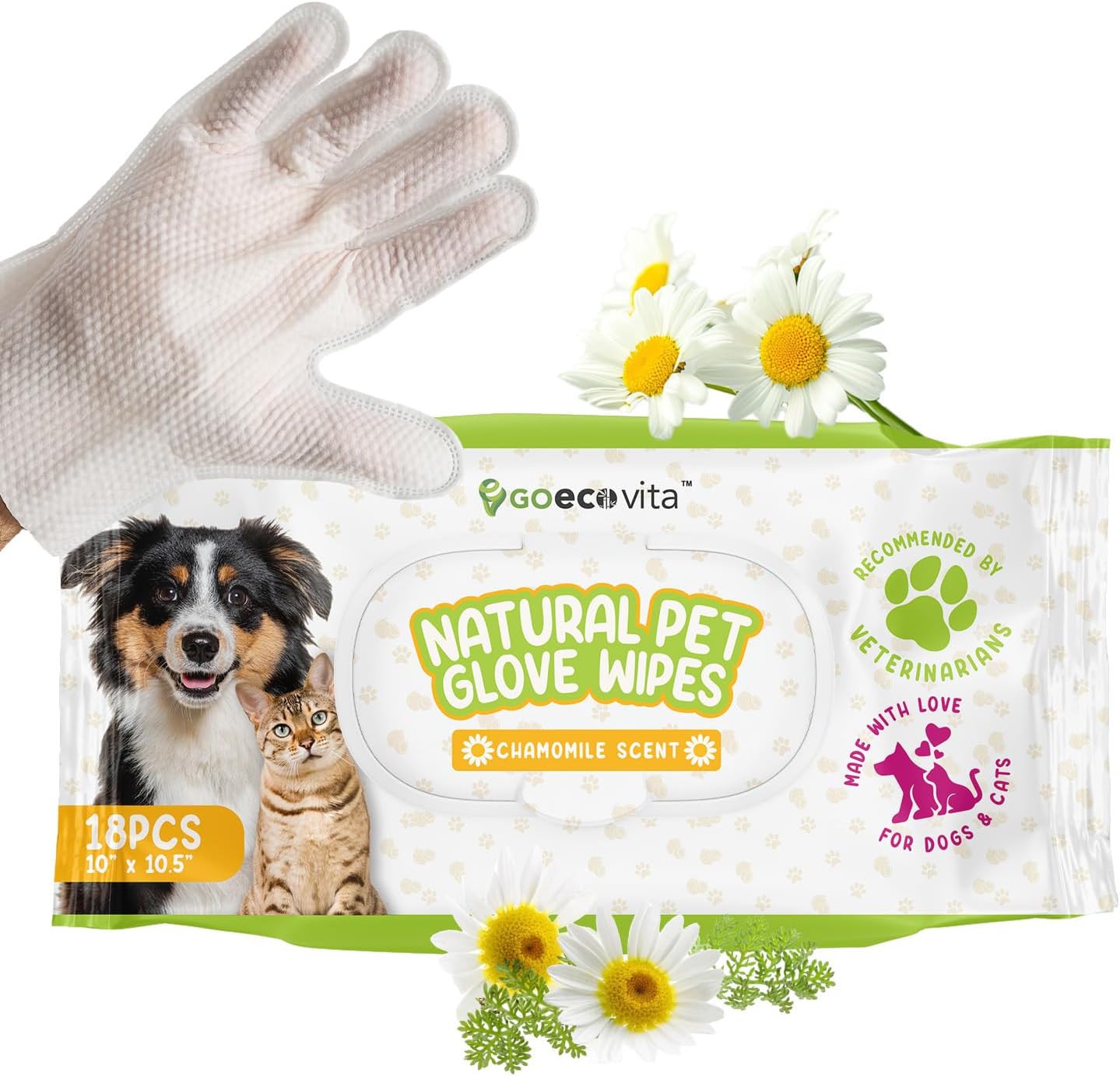 Pet Glove Wipes for Dogs & Cats | Nourish & Clean Fur & Skin | Coconut Oil & Chamomile Rinse-Free Wipes | Bathing Glove Wipes for Daily Care and Traveling | Natural, Hypoallergenic (18 Pack)