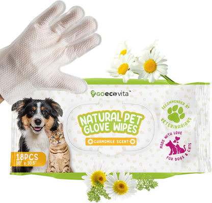 Pet Glove Wipes for Dogs & Cats | Nourish & Clean Fur & Skin | Coconut Oil & Chamomile Rinse-Free Wipes | Bathing Glove Wipes for Daily Care and Traveling | Natural, Hypoallergenic (18 Pack)