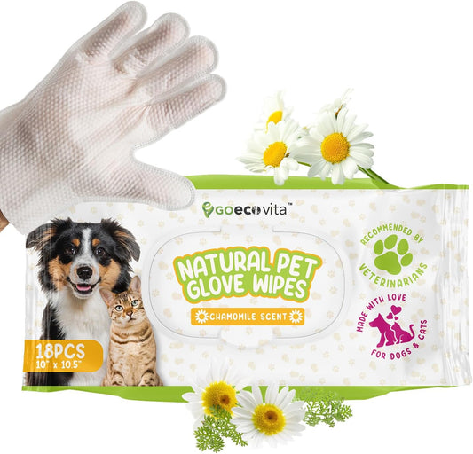 Pet Glove Wipes for Dogs & Cats | Nourish & Clean Fur & Skin | Coconut Oil & Chamomile Rinse-Free Wipes | Bathing Glove Wipes for Daily Care and Traveling | Natural, Hypoallergenic (18 Pack)