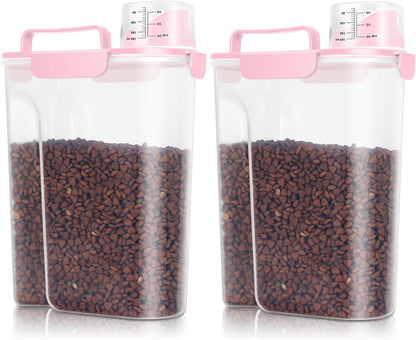 TBMax 2 Pack Cat Dog Food Storage Containers 10 to 14 Lbs, Portable Travel Pet Container Dispenser with Easy-Pouring Spout & Cup, Airtight Bird Seed Container Dog Treat Storage Bin -Pink