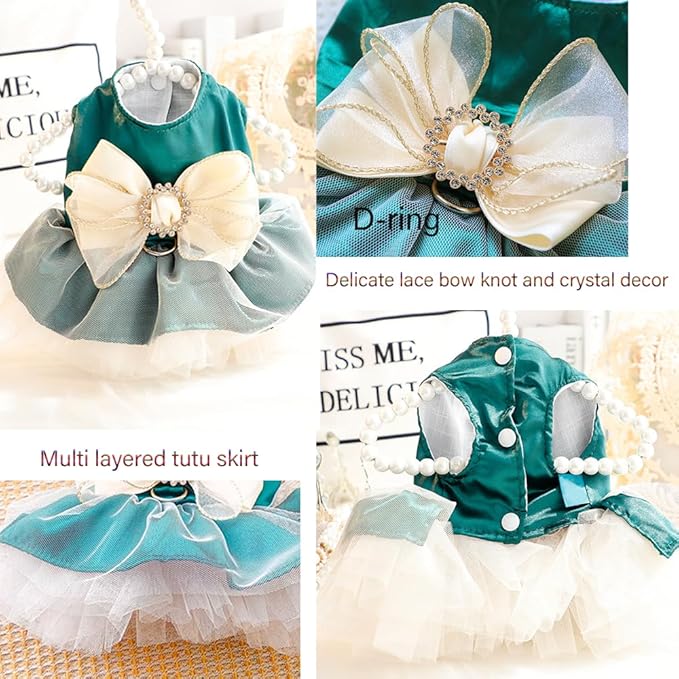 ANIAC Retro Dog Tulle Dress with Leash Ring Spring Summer Girl Puppy Clothes for Small Dog Cat Apparel Formal Pet Prom Dress for Christmas Wedding Birthday Valentines (Green,X-Large)