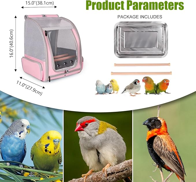 Parrot Carrier Backpack with Front Zipper Opening, Bird Travel Carrier Cage with Standing Perches and Metal Tray, Breathable Portable Transport Bag for Parakeet, Budgie, Conure, Cockatiel, Parrot