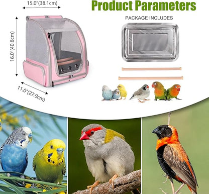 Parrot Carrier Backpack with Front Zipper Opening, Bird Travel Carrier Cage with Standing Perches and Metal Tray, Breathable Portable Transport Bag for Parakeet, Budgie, Conure, Cockatiel, Parrot