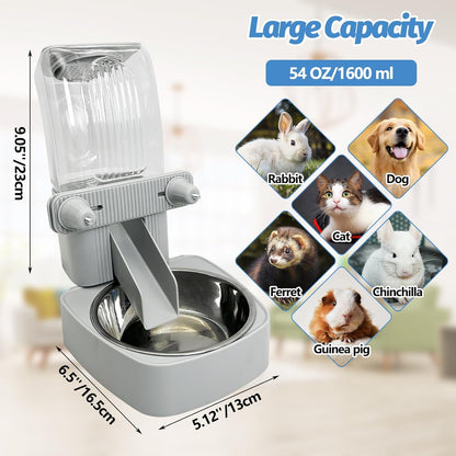 54 oz Rabbit Food Dispenser with Stainless Steel Food Bowl Hanging Gravity Bunny Feeder for Cage Automatic Small Animal Feeding Bowls for Ferret Guinea Pig Chinchilla Cat Puppy