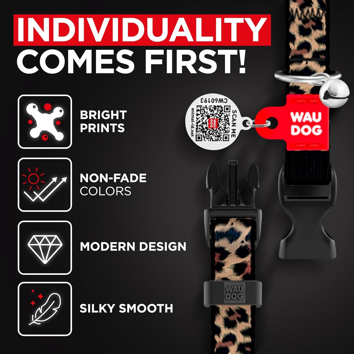 WAUDOG Nylon Cat Collar with Removable Bell and QR ID Tag for Small, Medium and Large Breeds Adjustable Long Lasting Durable Kitten Collars Boy & Girl