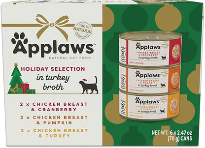 Applaws Natural Wet Canned Cat Food, Limited and Natural Ingredients, High Protein with No Artificial Additives, Holiday Edition Cat Food Variety Pack in Broth (6 x 2.47oz Cans)