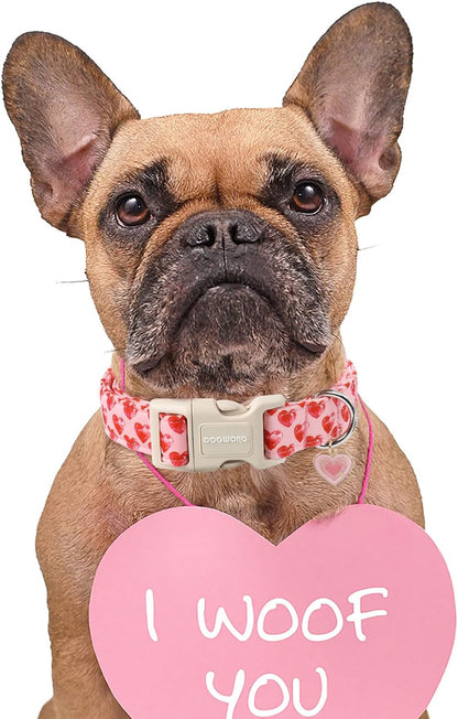 DOGWONG Valentine Dog Collar- Cute Pink Heart Dog Collars Adjustable Durable Designer Valentine’s Day Dog Collar for Small Medium Large Dogs XS