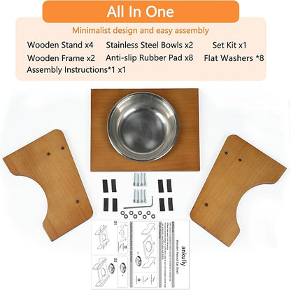 Elevated Stainless Steel Raised Food and Water Bowls, 15 Tilted Anti Vomiting, Dishwasher Safe, Non-Slip, Suitable for Cats and Puppies (Brown) - 2 Pack