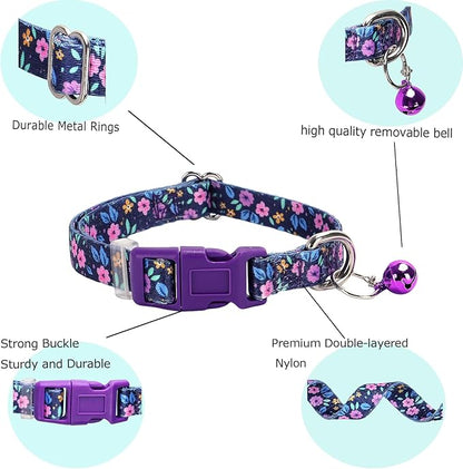 Purple Floral Small Dog Collar with Bell, Pretty Cute Flower Cat Collar Girl Puppy Collars with Bells for XS Small Tiny Pet Female Dogs Kitten Little Animal, S