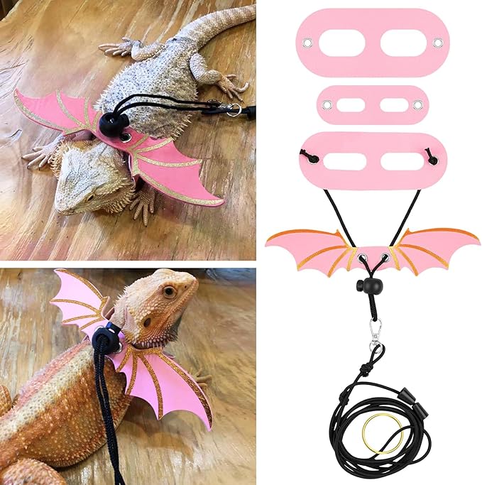 3PCS Pink Bearded Dragon Harness and Leash, Adjustable Lizard Harness with Wings for Reptile Lizard, Amphibians, Outdoor Walking Vest with Traction Rope (S, M, L)