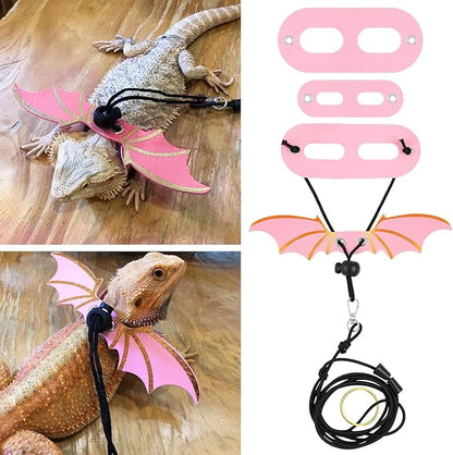 3PCS Pink Bearded Dragon Harness and Leash, Adjustable Lizard Harness with Wings for Reptile Lizard, Amphibians, Outdoor Walking Vest with Traction Rope (S, M, L)