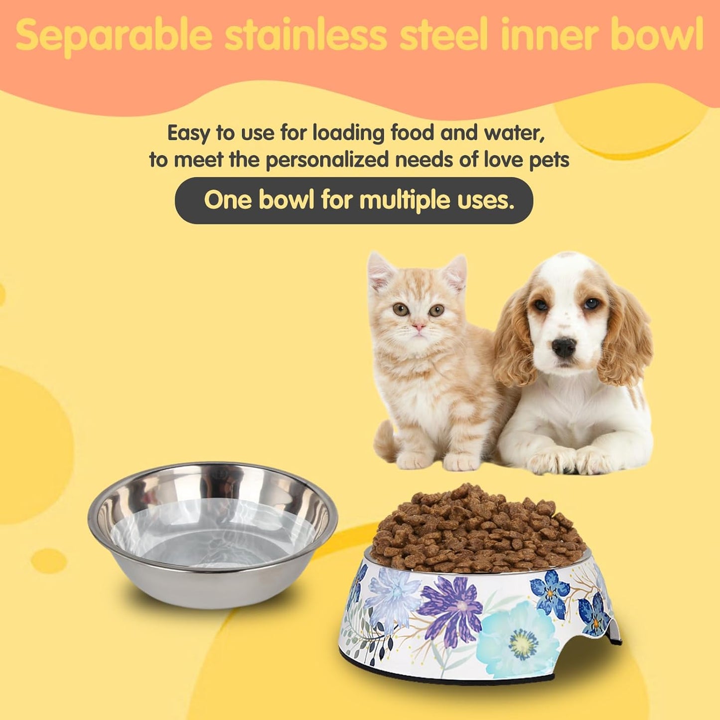 2 in 1 Food Water Bowls - Non Slip Skid Proof Heavy Duty Pet Bowls for Feeding Drinking Small Medium Large Dogs Cats Puppies (Blue Flower, M:14 OZ)