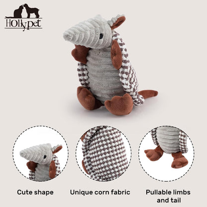 Hollypet Plush Dog Squeaky Toy Stuffed Armadillo Animal Pet Puppy Chew Toys with Clean Teeth for Small Medium Large All Breed Sizes Dogs, White and Light Grey,8 in