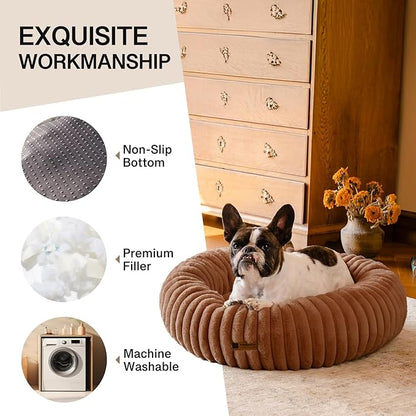 MEWOOFUN Donut Dog Beds for Small Dog, Calming Bed Round Cute Puppy Bed with Non-Slip Bottom, Fluffy Washable Pet Bed for Puppy and Kitten (Dark Brown, S (25x25x7))