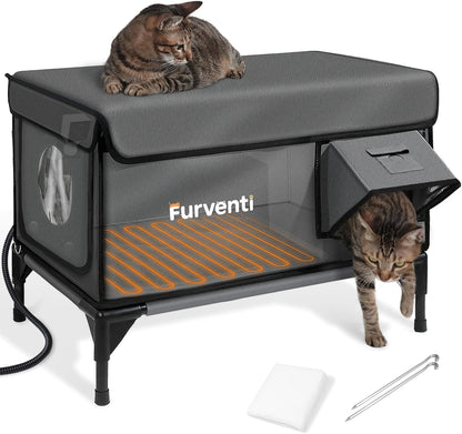 Heated Cat House for Outside,Dual Camera Mounts,100% Weatherproof & Extremely Insulated,Elevated Feral Cat Shelter with Escape Door,Waterproof Eaves for Outdoor Stray Barn Cat(Dark Grey, L with Cam)