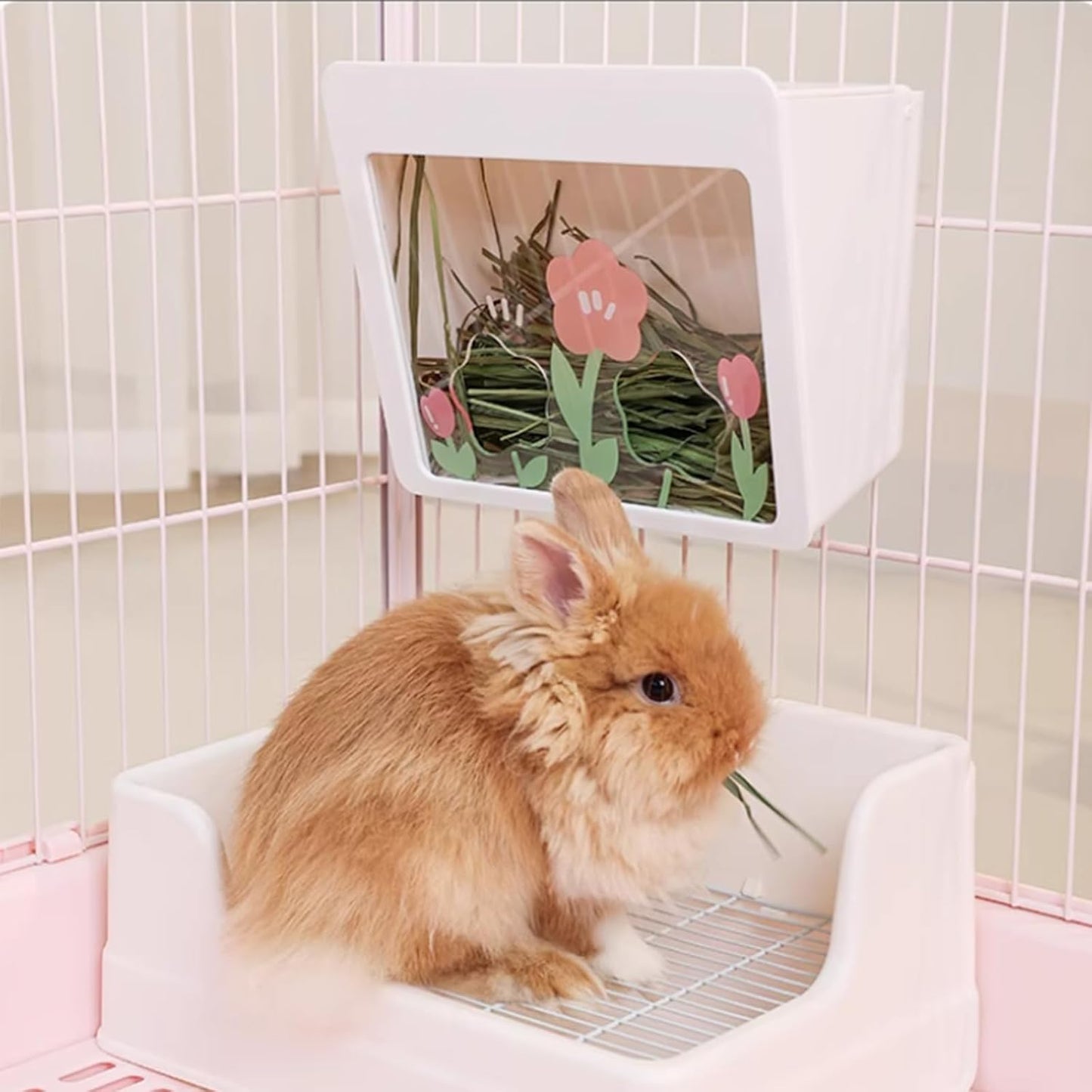 Hanging Rabbit Hay Feeder with Lid - No Waste Slow Feed Hay Rack for Rabbits, Guinea Pigs & Small Pets - Sturdy White Design, Easy to Fill & Clean, Cage Mounted Bunny Hay Holder (Flower Hole Style)