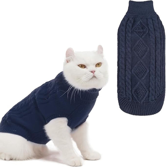 BINGPET Cat Sweater,Thermal Knitted Kitten Clothes Winter Coat,Classic Knit Turtleneck Cat Sweaters for Cats Only,Warm Pet Clothes for Kittens & Small Dogs Puppy Boy Girl Indoor Outdoor(Navy Blue,L)