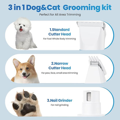 3-in-1 Dog & Cat Grooming Kit - Rechargeable Cordless Pet Hair Clippers with Nail Grinder & Paw Trimmer & 5 Guide Combs, Low Noise Dog Clippers for Grooming Small Medium Pets