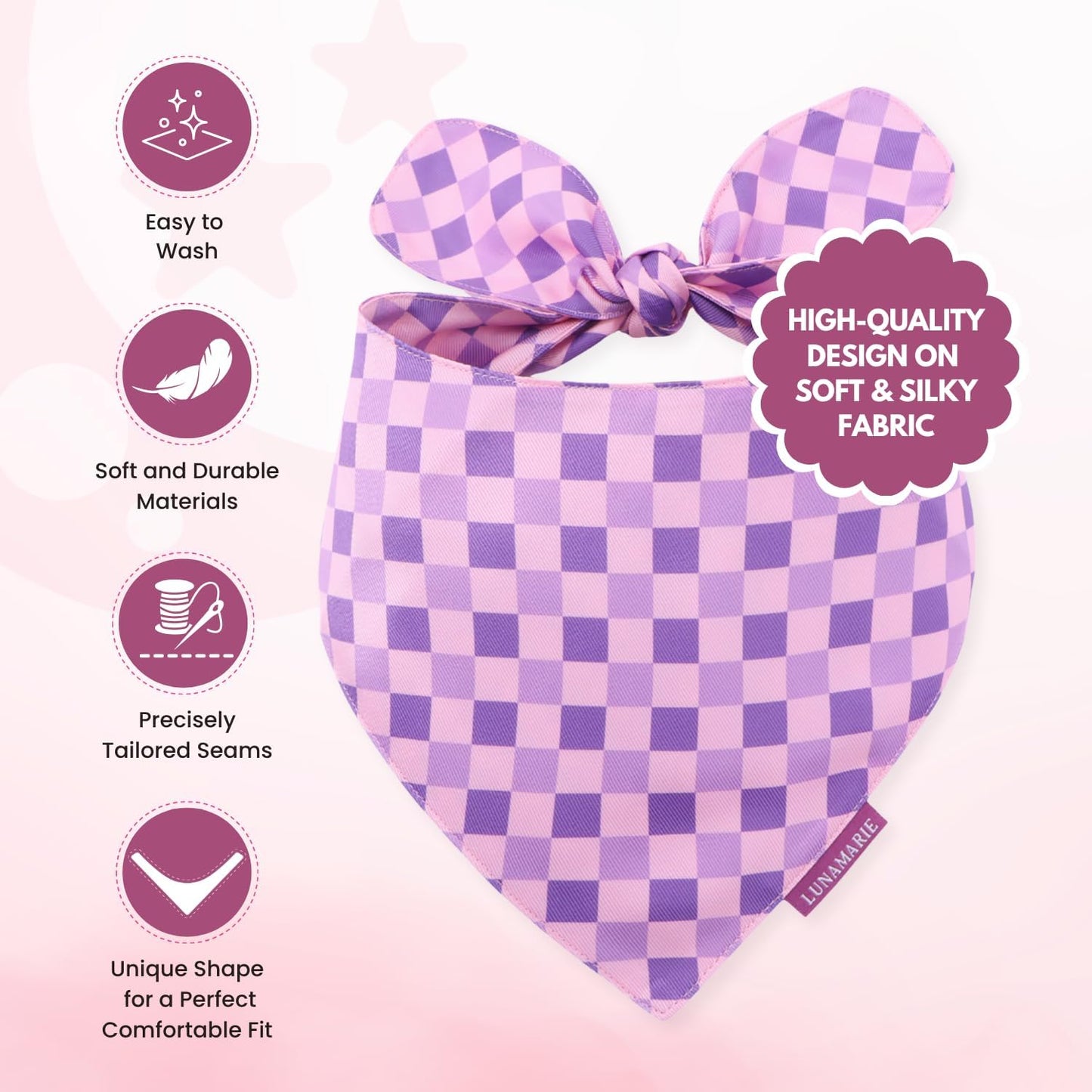 LunaMarie - Luxury Pet Birthday Bandanas -Premium & Silky Poly Fabric | 100% Handmade | Custom Shape Dual Layered (Violeta Rebel, Large)