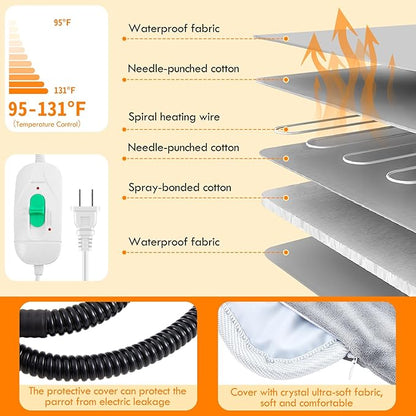 Heated Bird Cage for Large Parrots - 9.8x9.8x11 Inches Warm Bird Bed House with 3-Speed Adjustable Heating Pad, Sturdy Hanging Design for Macaws, African Greys, Amazon Parrots