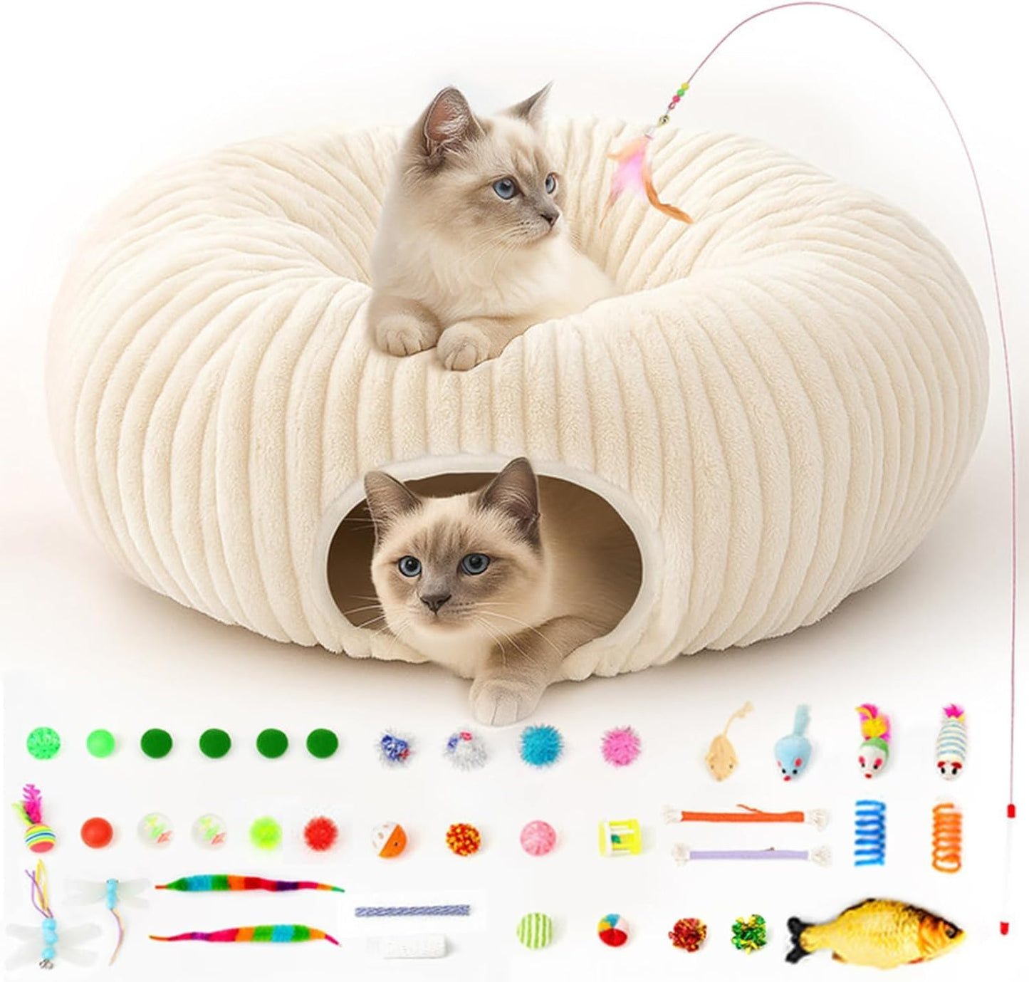 Cat Tunnel Bed with 40 Cat Toys, Collapsible Play Tunnel for Indoor Cats, Cat Tube for Kitten Puppy