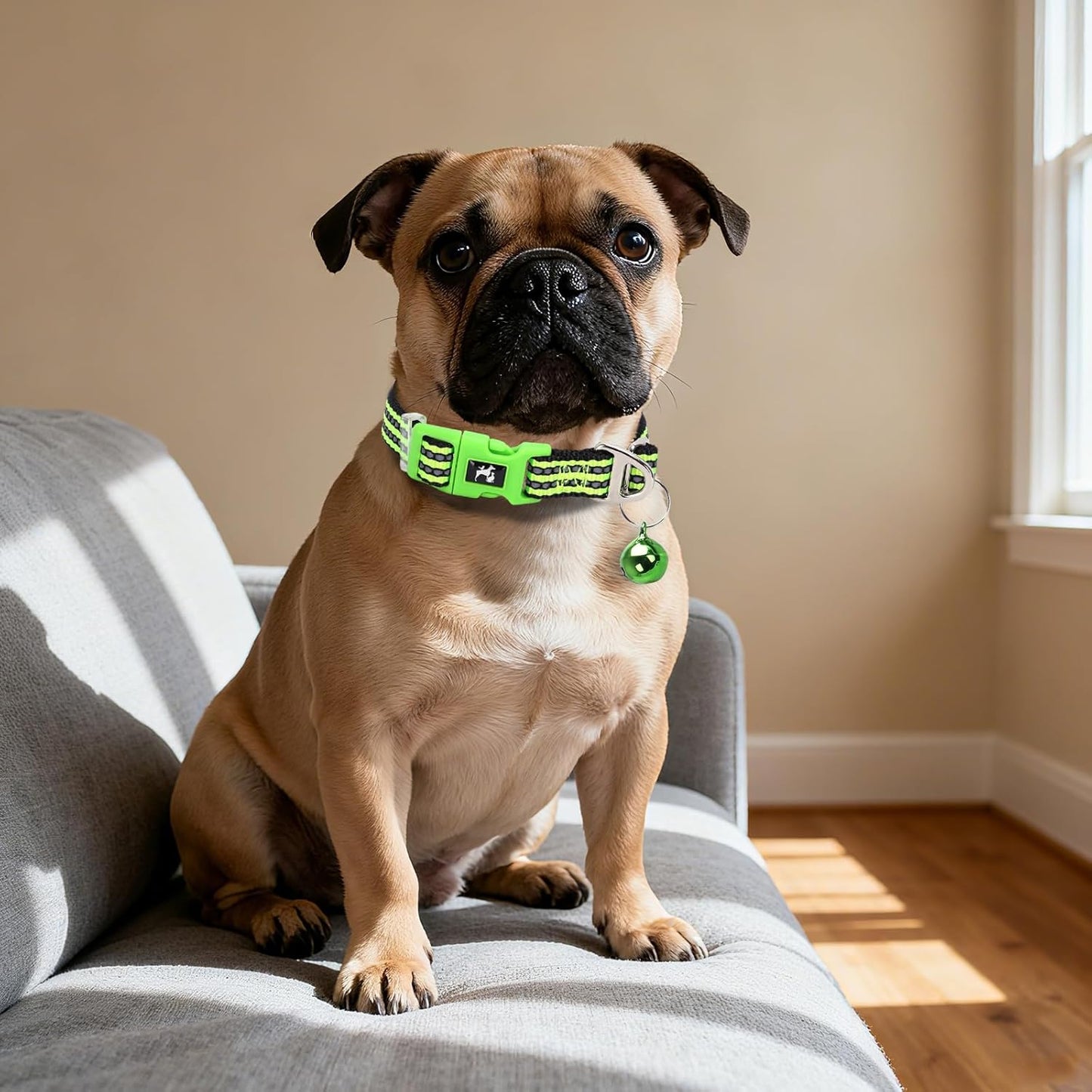 XXS-XS Dog Collar with Bell Reflective - Adjustable Tiny Small Breed Collar for Girl Boy Chihuahua Puppies, Night Walk Safety Accessory（Green XS）