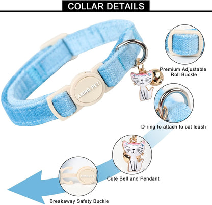 ARING PET 2 Pack Cat Collar-Cute Cotton Cat Collar with Bell & Pendant, Adjustable Blue Green Kitten Collars with Safety Buckle for Girl and Boy Pets