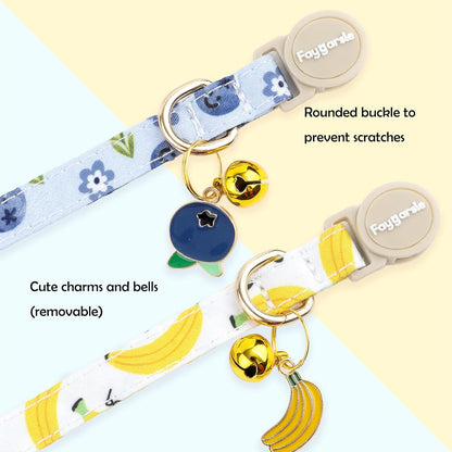 Faygarsle 2 Pack Blueberry Banana Pattern Cat Collars Breakaway Safety Collar with Bell Spring Summer Design for Girl Cats,Yellow Light Blue