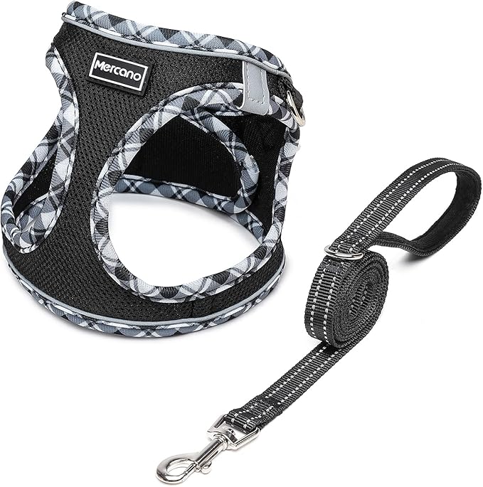 Mercano Soft Mesh Dog Harness and Leash Set, No-Chock Step-in Reflective Breathable Lightweight Easy Walk Vest Harnesses with Safety Buckle for Small Dogs, Cats (Black White, S)
