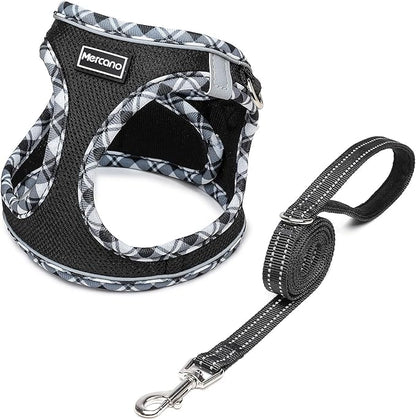 Mercano Soft Mesh Dog Harness and Leash Set, No-Chock Step-in Reflective Breathable Lightweight Easy Walk Vest Harnesses with Safety Buckle for Small Dogs, Cats (Black White, XS)