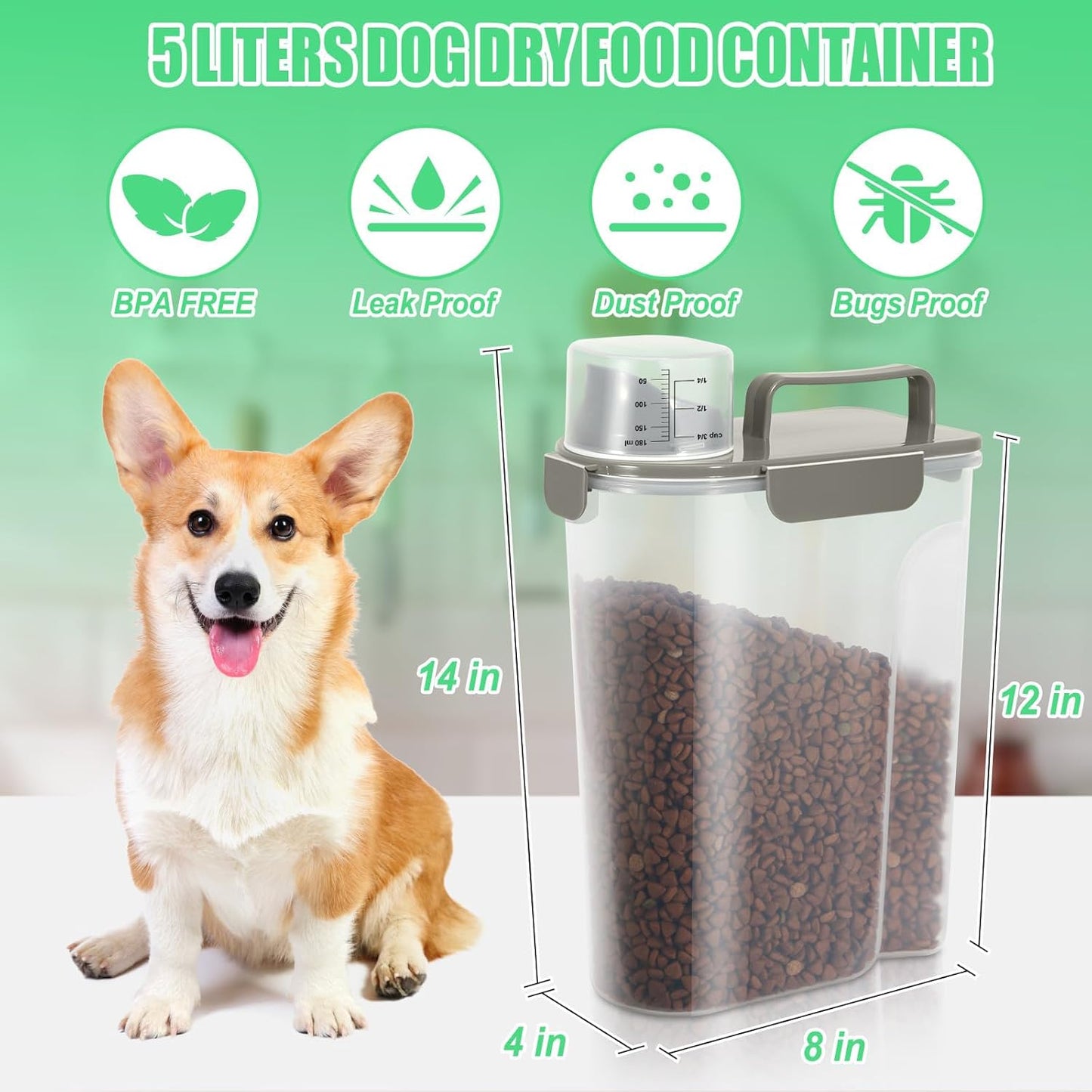 Dog Food Storage Container 5-7Lbs with Large Spout & Cup, 5L Cat Food Container Airtight, Travel Pet Dry Food Holder, BPA-Free Plastic Food Dispenser for Pet Food, Bird Seed, Fish Food, etc