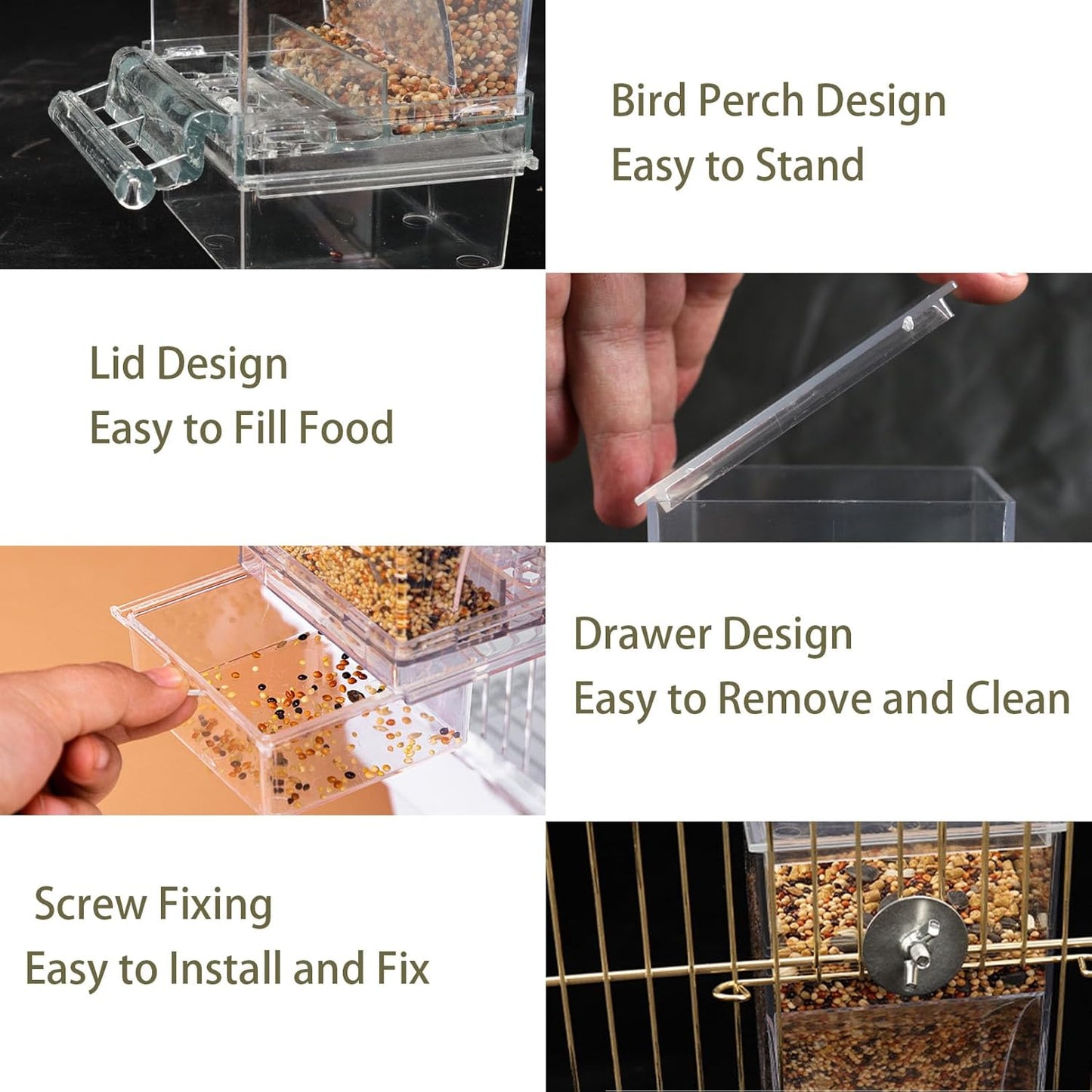 No Mess Bird Feeder for Cage, Automatic No-Spill Transparent Parrot Feeder Acrylic Cockatiel Seed Feeders with PerchParakeet Food Container Cage Accessories for Small Medium Cockatoo Finch