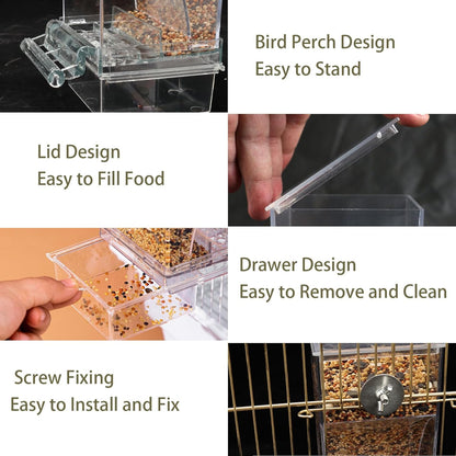 No Mess Bird Feeder for Cage, Automatic No-Spill Transparent Parrot Feeder Acrylic Cockatiel Seed Feeders with PerchParakeet Food Container Cage Accessories for Small Medium Cockatoo Finch