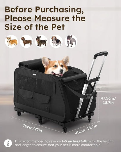Pecute Cat Carrier with Wheels, Large Space Dog Carrier up to 40lbs,Pet Stroller for Short Legged Dogs,Dog Crate for Medium Small Dogs,Suitable for Dachshund, French Bulldog, Basset Hound, Corgi