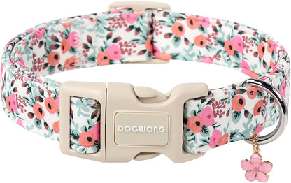 DOGWONG Flower Cotton Dog Collar, Spring Summer Cute Pink Dog Collar Durable Soft Fabric Pet Dog Collars Female Girl Necklace for Small Medium Large Dogs