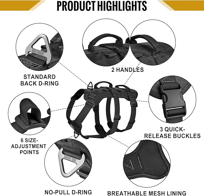 OneTigris Escape Proof Dog Harness, No Pull Dog Harness with Handles, Tactical Multi-Use Support Dogs Harnes for Large Dogs Everyday Wear Walking Hiking Training (Black, X-Large)