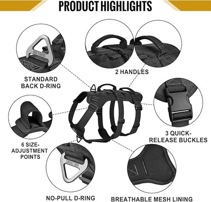 OneTigris Escape Proof Dog Harness, No Pull Dog Harness with Handles, Tactical Multi-Use Support Dogs Harnes for Large Dogs Everyday Wear Walking Hiking Training (Black, X-Large)