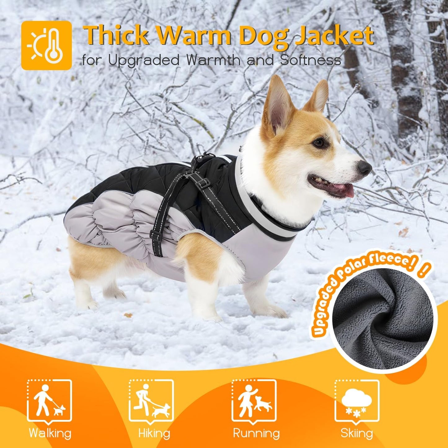 Dog Winter Coat with Harness, Dog Jacket, Pet Clothes with Zipper on Back, Waterproof Windproof Warm Vest, Reflective Cold Weather Coats, for Small Medium Large Dogs, Thick, Black, 3XL