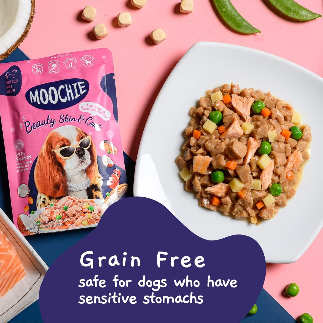 MOOCHIE Grain Free Small Dogs Wet Dog Food - Skin and Coat - Salmon, Chicken & Beef - No Artificial Flavors or Preservative - 12 x 3 oz Pouch