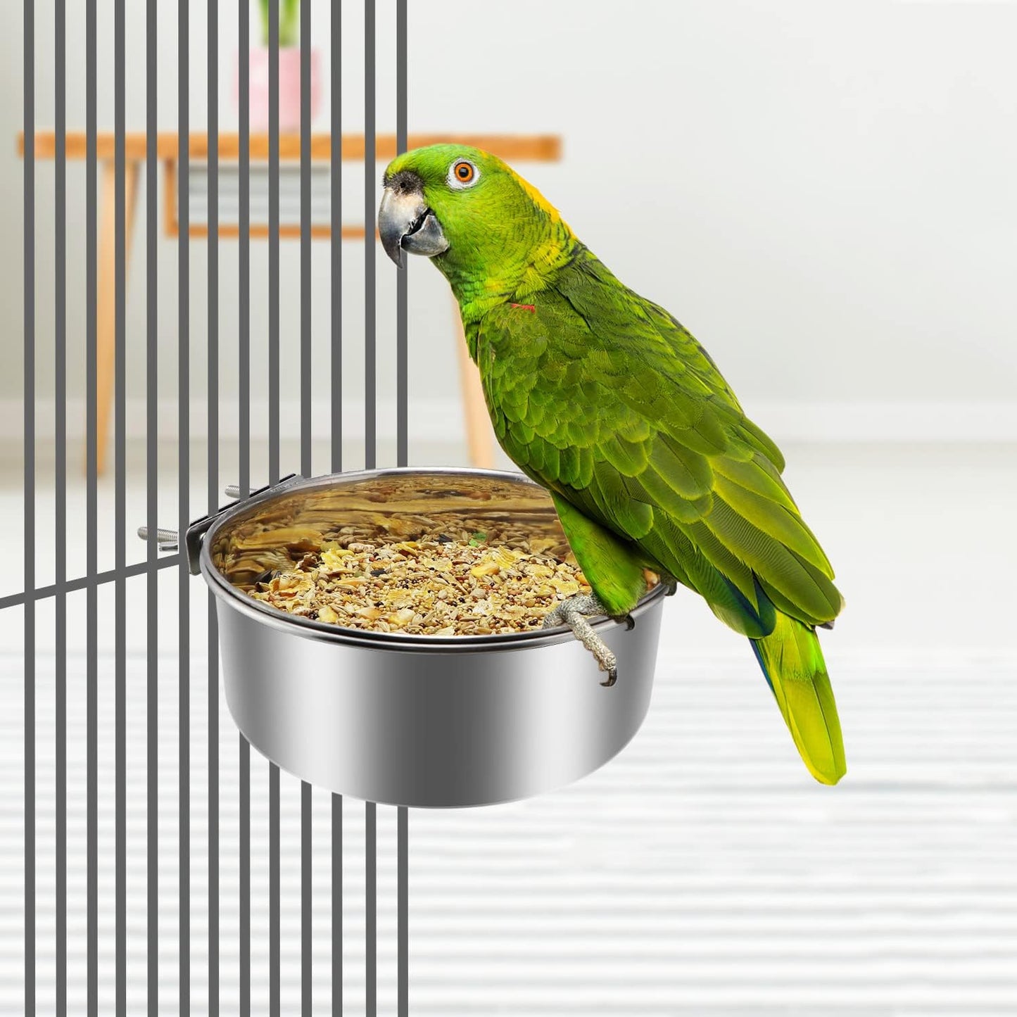 Pet Food Water Bowl with Clamp Holder Stainless Steel Coop Cup Hanging Feeder for Dog Bird Parrot Cat Rabbit (XL)