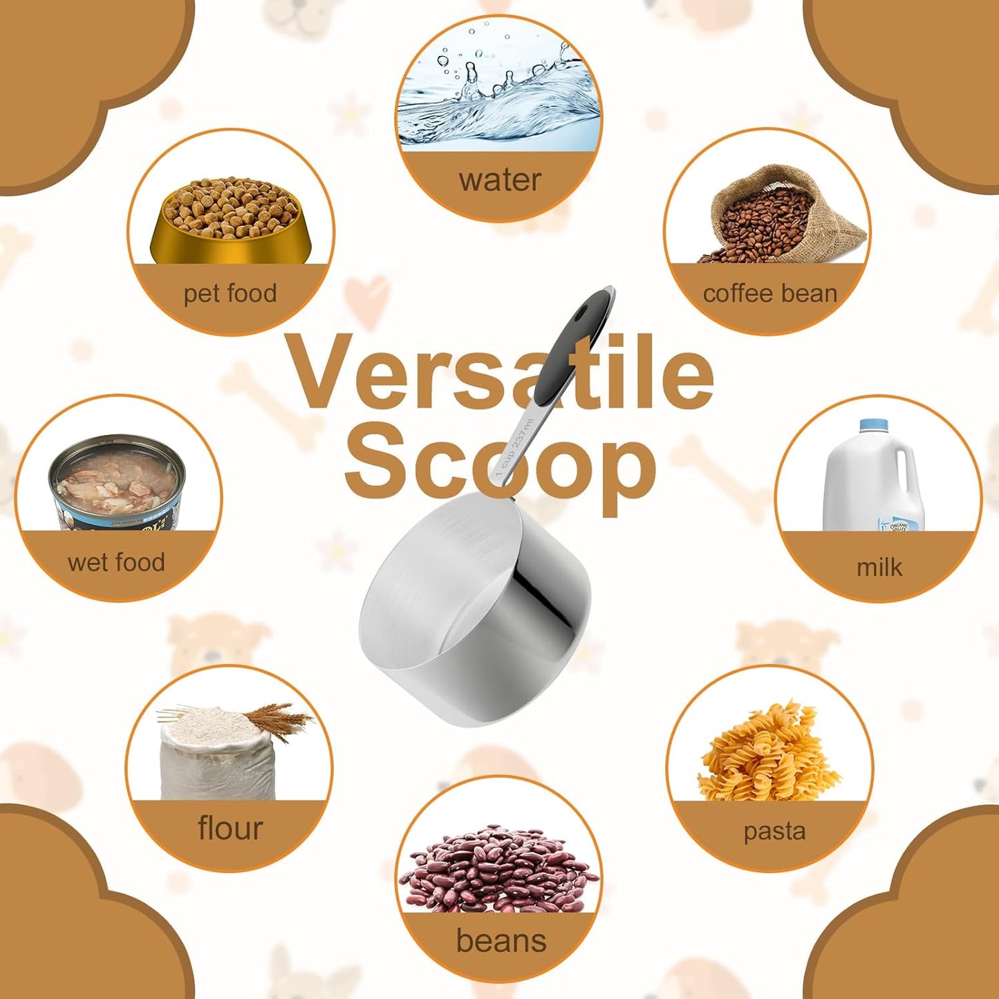 1/2 Cup Dog Food Scoop, Stainless Steel Scooper for Feeding Pet, Cat, Dog, Rabbit, Bird, Long Handle, Dishwasher Safe