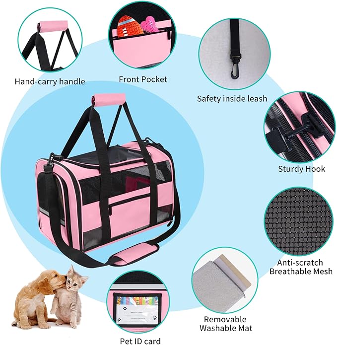 Cat Carrier Pet Carrier Airline Approved for Small Dogs Medium Cats Puppies 15 Lbs Dog Carrier with Reflective Strip, Collapsible Soft Sided Cat Travel Carriers - Pink