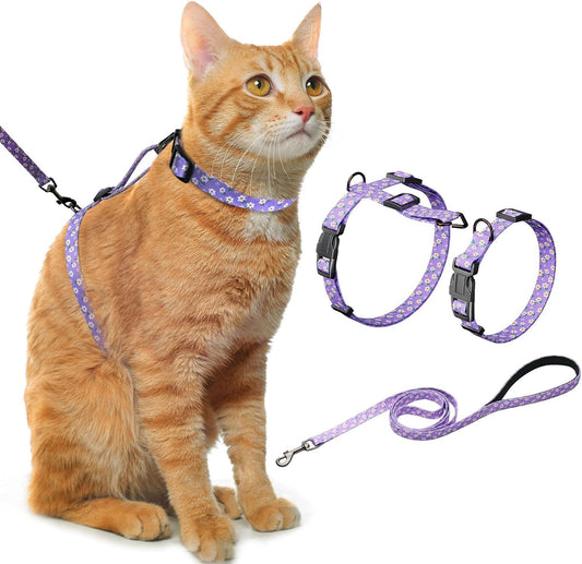Hikiko Cat Harness and Leash Set Escape Proof Adjustable Walking Travel Cute Girl Kitten Harness for Small Medium Large Cats (Purple Floral, M)