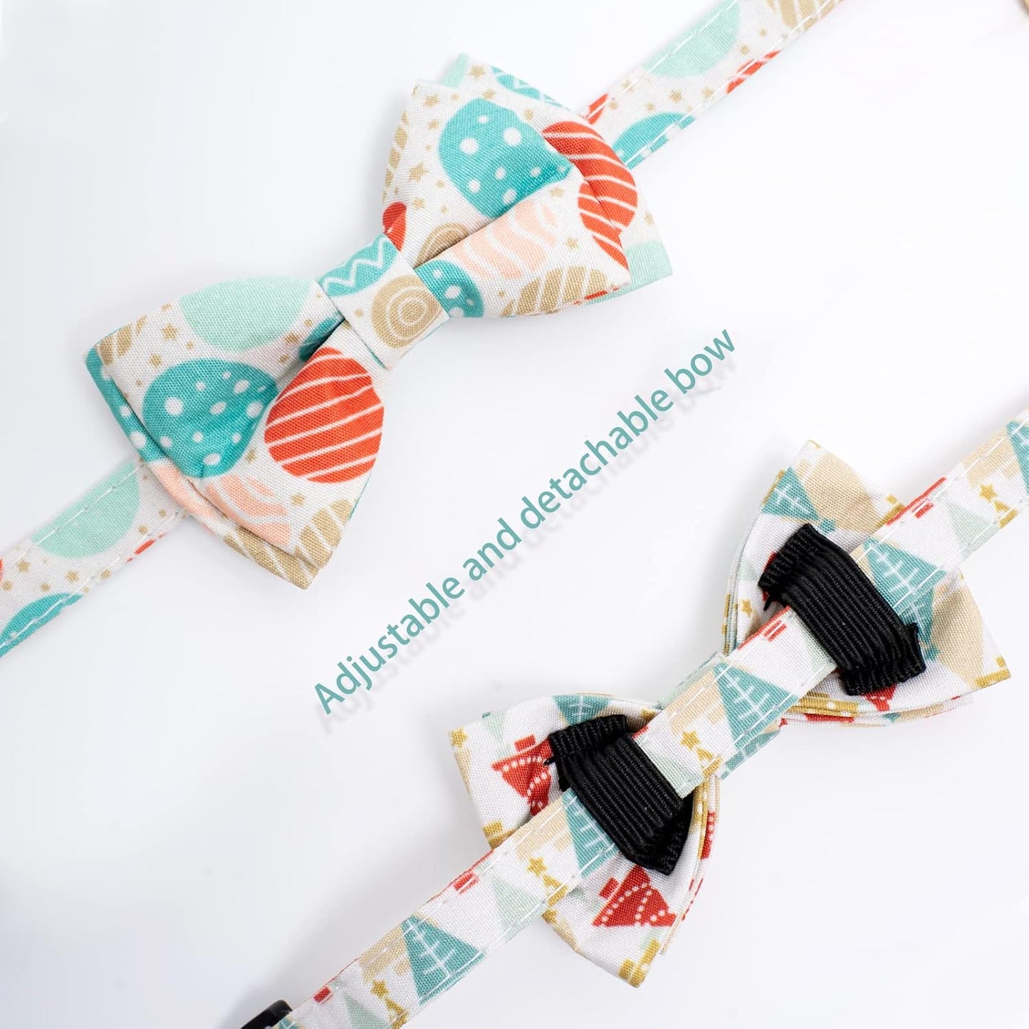 2 Pack Cotton Christmas Cats Collar with Bow Tie Beige Red Green Cat Collars for Girl Female Boy Male Cat Collar with Bell Christmas Trees Charms